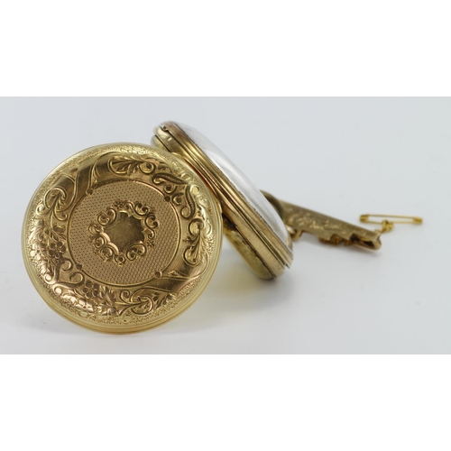 442 - Mid-size 18ct cased (36mm) open face pocket watch with a 9ct brooch attached, working when catalogue... 