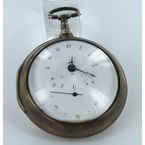 445 - Silver pair cased pocket watch, movement by 'Mollineaux, 3800 Rochdale', enamel dial with subsidiary... 