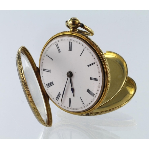 446 - Ladies yellow metal (tests as 18ct) cased pocket watch, approx 29mm dia, with blue / black enamellin... 