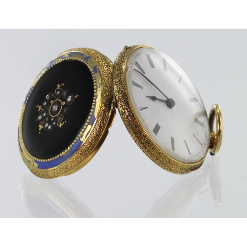 446 - Ladies yellow metal (tests as 18ct) cased pocket watch, approx 29mm dia, with blue / black enamellin... 