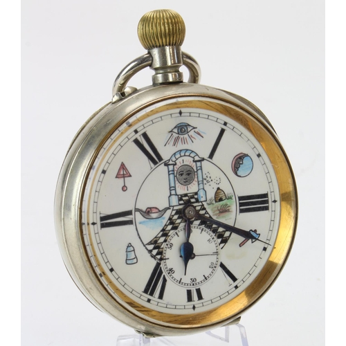 447 - Masonic interest. A goliath pocket watch, white enamel dial with Roman numerals, decorated with Maso... 