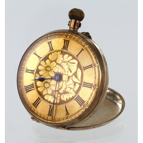 450 - Ladies 9ct cased open face pocket watch, The gilt dial with black roman numerals. AF