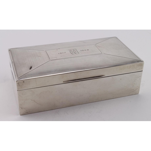 525 - Silver & wood cigarette box engraved on the top 1917 - 1942.  Hallmarked W.T.T. & Co., Birm. 1937.  ... 