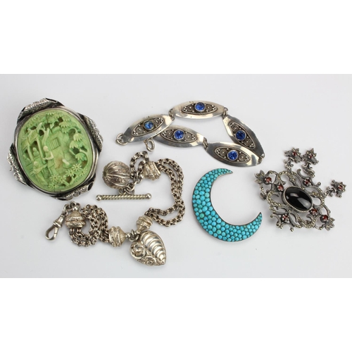 527 - Mixed lot of three brooches, one modern, silver & stones hallmarked for 1987 and marked 925, a cresc... 