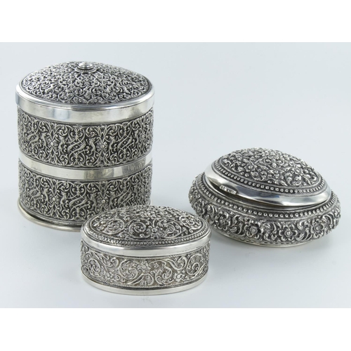 533 - Three white metal (tests as approx 90% silver)  probably Indian boxes. Approx 291g