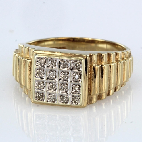 68 - 9ct yellow gold square head diamond set signet style ring, finger size U, weight 7.6g