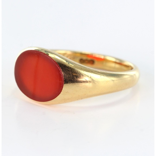 76 - 18ct Gold Carnelian set Ring size N weight 5.7g