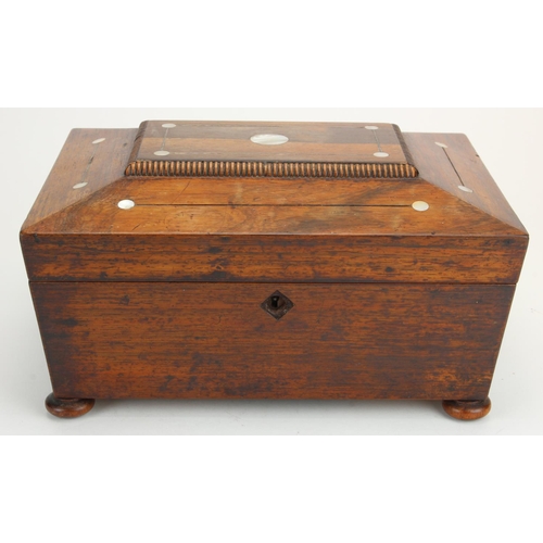 895 - Oak inlaid with mother of pearl sewing box, raised on four feet, internal tray, height 16cm, width 3... 