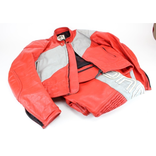 913 - Vintage Ducati leathers, made by Swift Leathers, comprising jacket & trousers, size seems to be smal... 