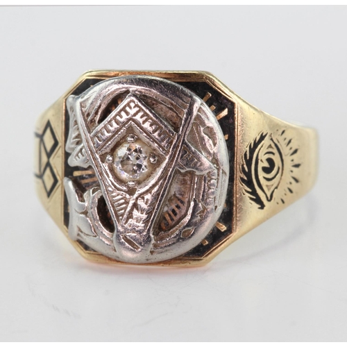 92 - Yellow metal 10k U.S.A. Masonic Ring set with small Diamond size S weight 6.9g