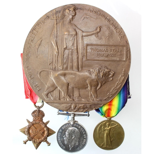 122 - 1915 Star Trio + Death Plaque to S-5412 L-Cpl Thomas Stark McKenzie 1st/7th Bn R.Highlanders. Died o... 