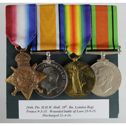 131 - 1915 Star Trio to 2646 Pte H H W Hall 20-London Regt, and Defence Medal. Wounded at the Battle of Lo... 