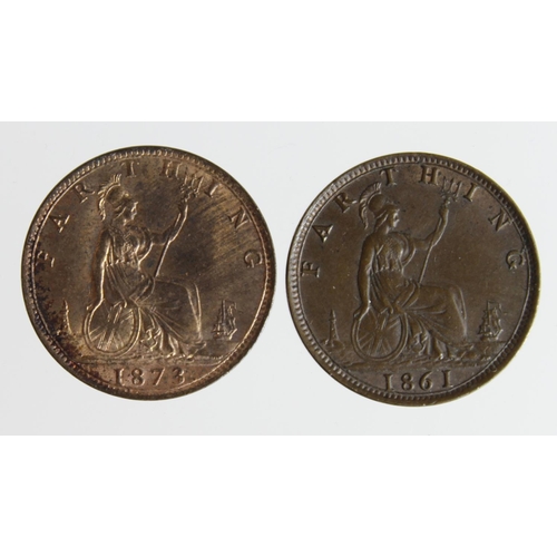 1320 - Farthings (2): 1861 Freeman 502 (2+B) EF trace lustre, along with 1873 with 3 clear of linear circle... 