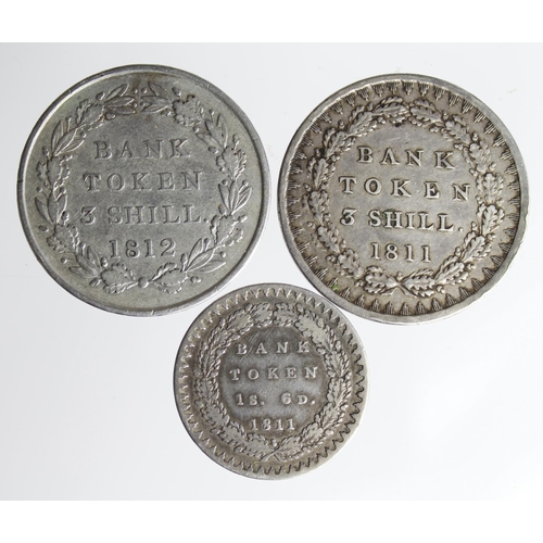 1346 - GB Silver Bank Tokens (3): Three Shillings 1811 GF, Three Shillings 1812 large head GF, and 18d Fine... 