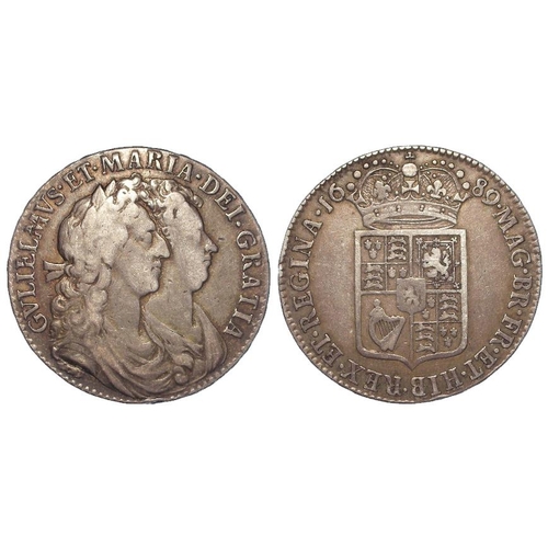 1353 - Halfcrown 1689 second reverse, S.3435, caul only frost, with pearls, S.3435, GF