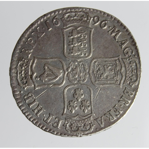 1355 - Halfcrown 1696 Octavo, C below bust (Chester Mint), first bust, large shields, early harp, S.3483, F... 