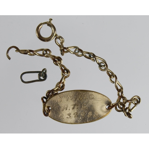 140 - A.T.S. 9ct. Gold Identity bracelet marked 9ct. on the Keeper - bracelet inscribed M. Mills A.T.S., 2... 