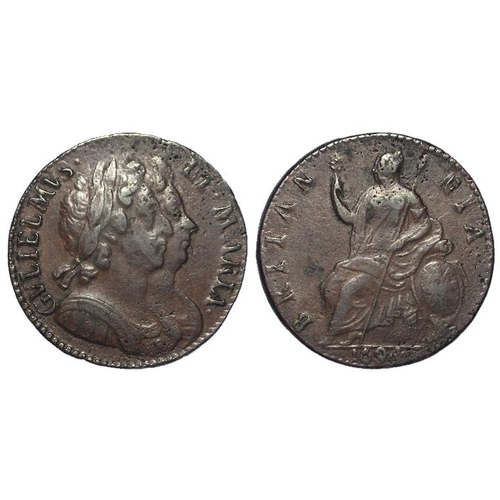 1408 - Halfpenny 1694, S.3452, Peck 602, usual porous flan, VF