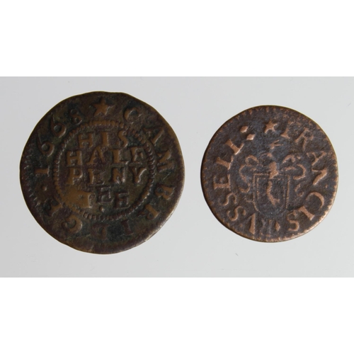 1755 - Tokens, 17thC (2) Cambridgeshire: Cambridge, Thomas Ewin 1/2d 1668 #39 Fine, and Francis Russel 1/4d... 