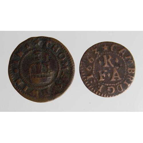 1755 - Tokens, 17thC (2) Cambridgeshire: Cambridge, Thomas Ewin 1/2d 1668 #39 Fine, and Francis Russel 1/4d... 