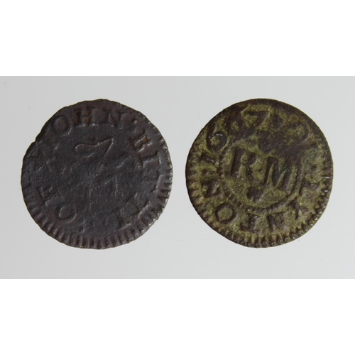 1758 - Tokens, 17thC (2) Cambridgeshire: Linton, John Bittin 1/4d 1657 griffin (pub?) clear Fair, and Rober... 