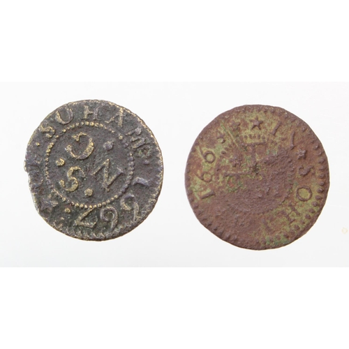 1760 - Tokens, 17thC (2) Cambridgeshire: Soham, Nathaniell Stearne 1/4d 1667 #173 nF, and Thomas Trowell 1/... 