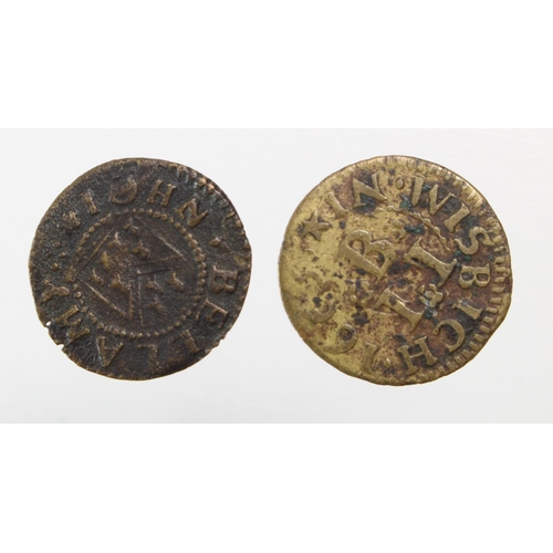 1762 - Tokens, 17thC (2) Cambridgeshire: Wisbech, John Bellamy 1/4d 1665 #201 VG-nF with old tickets, and s... 