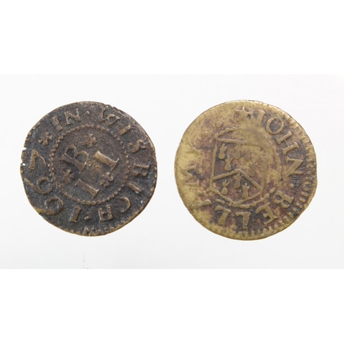 1762 - Tokens, 17thC (2) Cambridgeshire: Wisbech, John Bellamy 1/4d 1665 #201 VG-nF with old tickets, and s... 