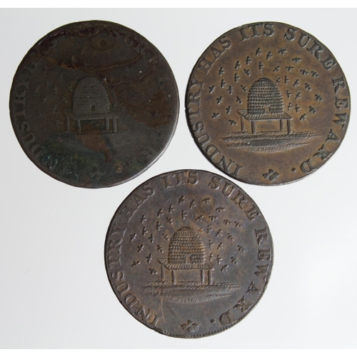 1767 - Tokens, 18thC (3): Cambridgeshire, Bedford & Huntingdon druid head / beehive copper Halfpennies 1795... 