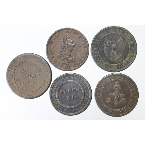 1769 - Tokens, 19thC (5) copper Pennies: Birmingham 1812, Nottingham 1813, Cheadle 1812, Staffs 1811 and Wo... 