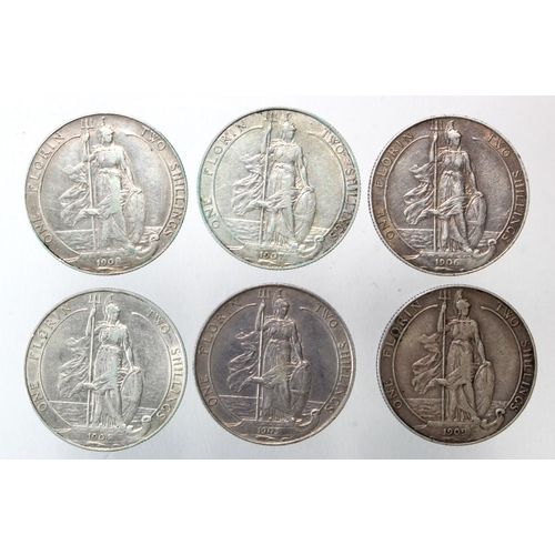 1883 - GB Florins (6) Edward VII: 1903 VF, 1904 VF, 1906 F/GF, 1907 GF, 1908 Fine, and 1909 Fine.