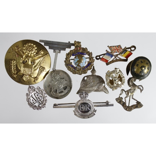 189 - Badges - all military related (10) includes 3 silver sweetheart badges, German helmet badge, M.O.T.H... 