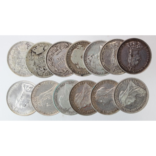 1951 - GB Shillings (13) Queen Victoria: 1853 GF, 1864 die 52 Fair, 1872 die 37 VF, 1877 die 8 Fair, 1883 F... 