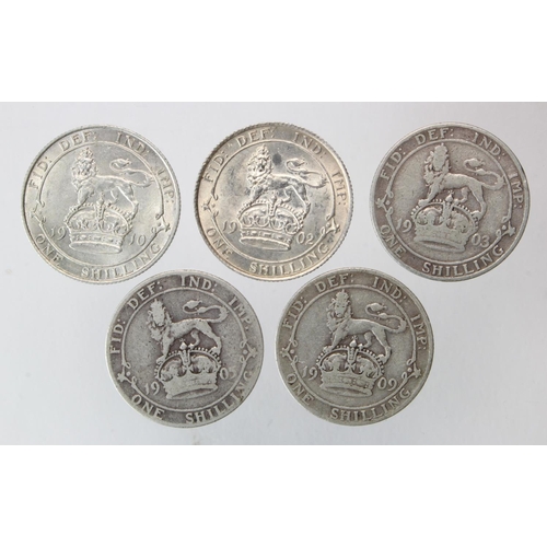 1957 - GB Shillings (5) Edward VII: 1902 EF, 1903 Fair, 1905 Fair, 1909 aF, and 1910 EF