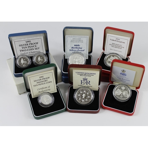 1985 - GB Silver Proof boxed issues (9) Crowns 1981, 90, 93, 96, 97 & 1999. Ten Pence 1992 two-coin set, Te... 