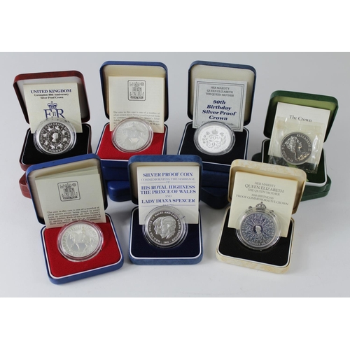 1987 - GB Silver Proof Crowns (14) 1972x2, 77x4, 80, 81x2, 90x2, 93x2 & 1996. aFDC/FDC boxed as issued