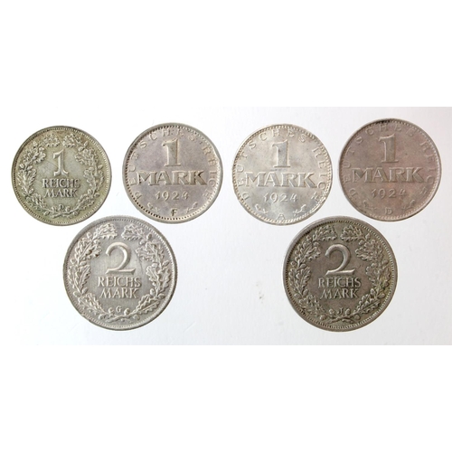 2034 - Germany (6) Weimar Republic .500 grade silver: 3x 1 Mark 1924 (A,D & F), 1x Reichs Mark 1925 D, and ... 