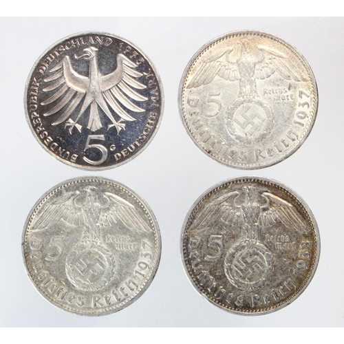 2036 - Germany silver 5 Marks (4): 1937A VF, 1937A GVF, 1938A VF, and Albert Schweizer 1975G proof-like GEF