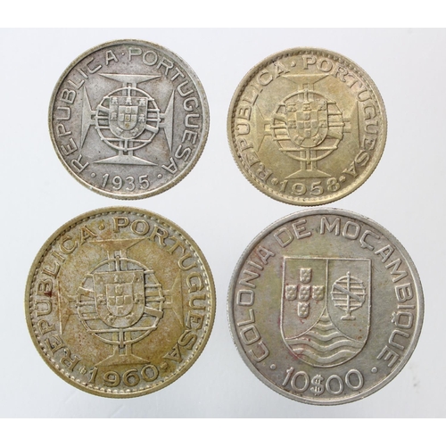 2053 - Portuguese Colonial silver (4): Mozambique: 5$00 1935 VF, 10$00 1936 nEF, and 20$00 1960 laquered VF... 