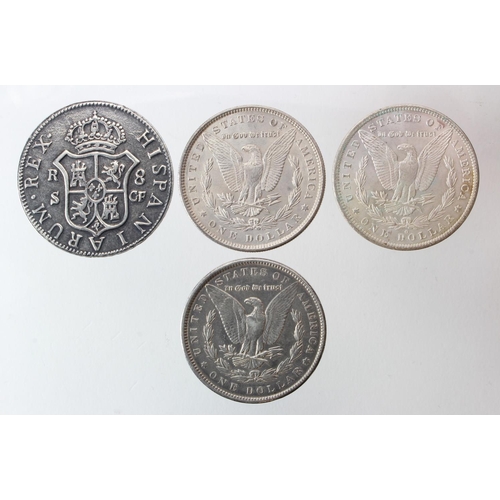 2070 - USA Morgan Silver Dollars (3): 1883O UNC, 1885 EF, and 1890 GVF, plus a modern forgery of a Spain 8 ... 