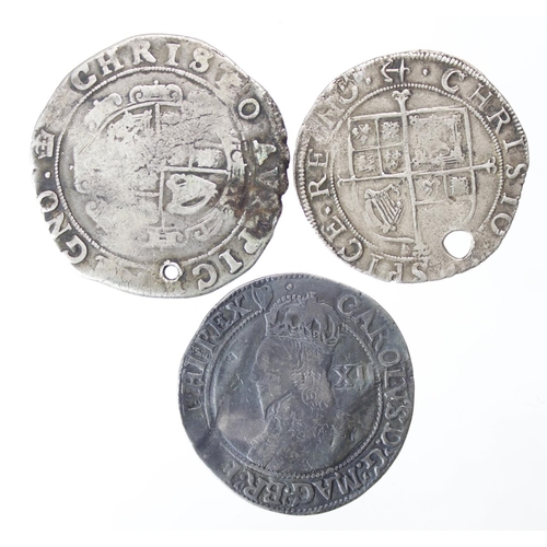 2129 - Charles I (3): Halfcrown mm. crown holed Fair, Shilling mm. harp crinkled VG, and Shilling mm. ancho... 