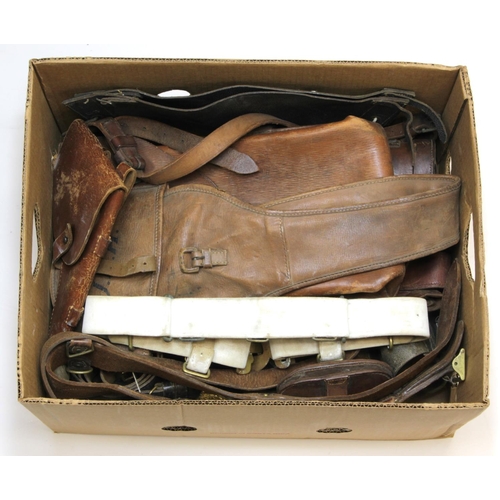 213 - Banana box of Militaria inc 1918 British Binos in leather case, Italian WW2 Bandolier, British KC sw... 