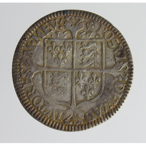 2154 - Elizabeth Milled Sixpence 1567 mm. lis, S.2599, light crease, Fine.