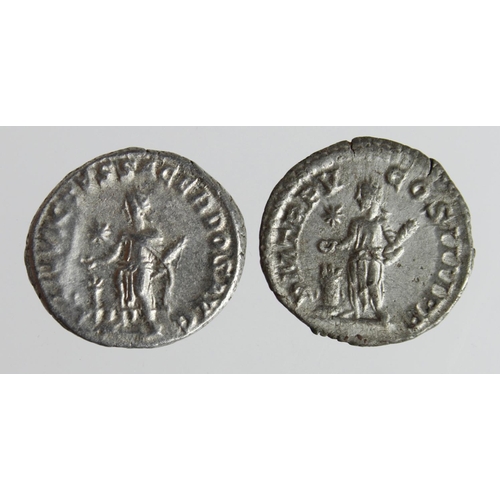 2195 - Roman Imperial (2) AR Denarii of Elagabalus (218-222 AD): Rome mint, sacrificing over altar holding ... 