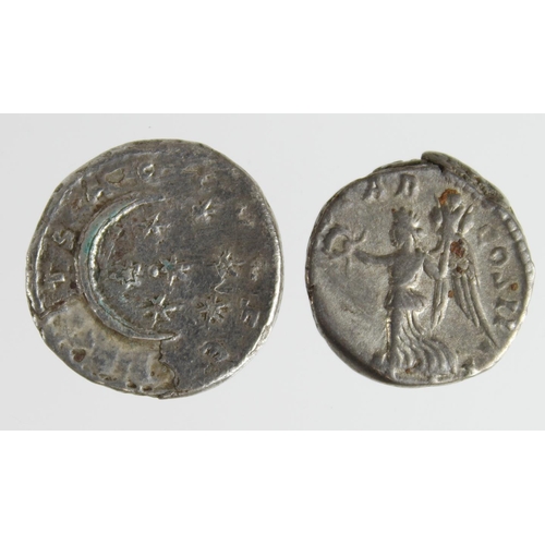 2200 - Roman Imperial (2) AR Denarii of Septimius Severus (193-211 AD): Emesa mint, crescent moon and seven... 