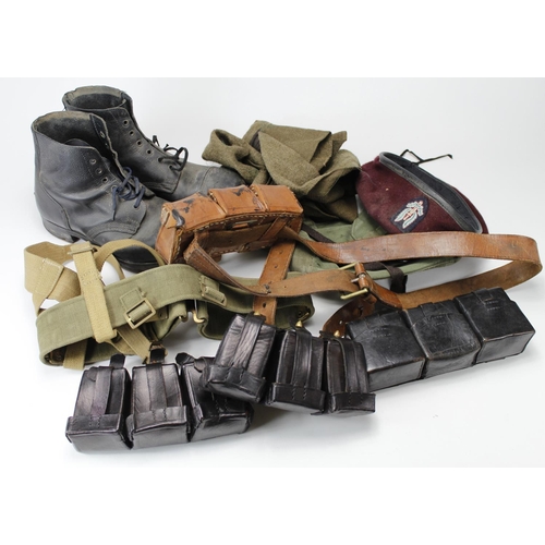 237 - Box of various Militaria inc Boots, Beret, Puttees, '37 Pattern Belt, K98 Pouches, etc. (qty)