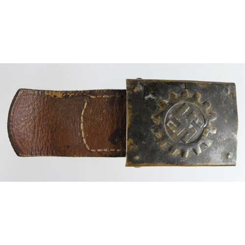 610 - German Nazi DAF belt buckle and leather tab, tab marked for 1940 Dransfeld & Co Menden