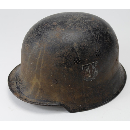 611 - German Nazi double decal Police Helmet. Decals attempted removal, replacement liner, and chin strap