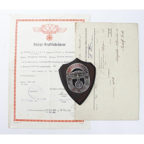 698 - German NSKK badge / plaque with certificate and other documents