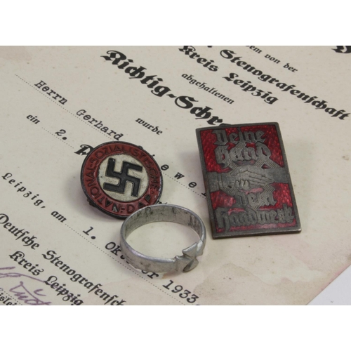 788 - German WW2 award document to Gerhard Siewerth with NSDAP party badge, German ring with cross to the ... 